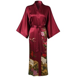 TicyLuck Women's Silk Kimono Robe Long Bathrobe Nightgown 100% Mulberry Silk for Women - Classic Floral Pattern (US, Alpha, One Size, Regular, Regular, Deep Red)