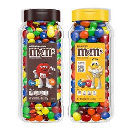 M&M’s Milk Chocolate and M&M’S Peanut Bulk Candy Jars, Assorted Chocolate Candies, Party Size Bulk Candy, Movie Night Snacks, Resealable and Recyclable, 48.5 Oz Total (Pack of 2)