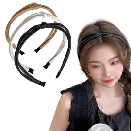 3Pcs Thin Leather Headbands Non Slip Knot Thin Headbands Vintage Elastic Hair Hoops Solid Leather Covered Headbands Hair Accessories for Women Girls(Random Color)