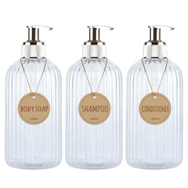 DEROANBOTT Dispensador de champú y acondicionador de baño, botellas de plástico reutilizables para champú y gel de ducha, con etiquetas impermeables, dispensador de jabón con bomba (transparente)