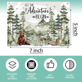 Woodland Baby Shower Backdrop Banner – 7×5 ft “Let The Adventure Begin” Forest & Mountain Wildlife Photography Background, Green Wilderness Party Decor