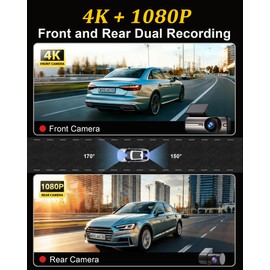 Dash Cam Front and Rear 4K+1080P, 5GHz WiFi, Dual Dashcam with 64GB Card, App Control, G-Sensor Emergency Recording, Loop Recording, 24H Parking Mode Supports, Dash Camera for Cars