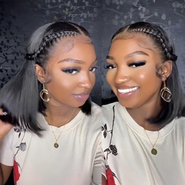 Alipearl Wig 12 Inch Glueless Bob Wig Human Hair Pre Plucked Pre Cut 13x4 HD Lace Front Wigs For Black Women 180% Density Short Straight Pre Braided Styled Human Hair Lace Front Wigs