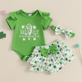 niceclould My 1St St Patrick Day Baby Girl Outfit Clover Short Sleeve Romper Ruffles Shorts Headband 3Pcs Irish Clothes (A-Green, 0-3 Months)