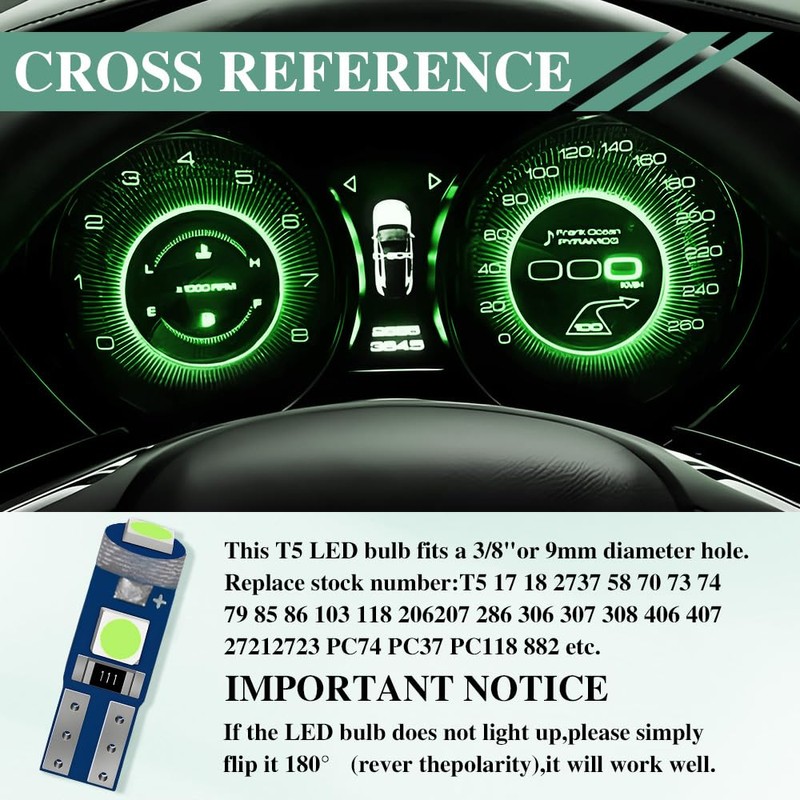 12PCS T5 LED Bulbs, 74 73 37 2721 Instrument Cluster