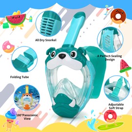 Kids Full Face Snorkel Mask, Snorkeling Gear for Kid, 180° Panoramic View Snorkeling Mask with Adjustable Elastic Fabric Straps - Anti-Fog & Anti-Leak - Portable Mesh Bag