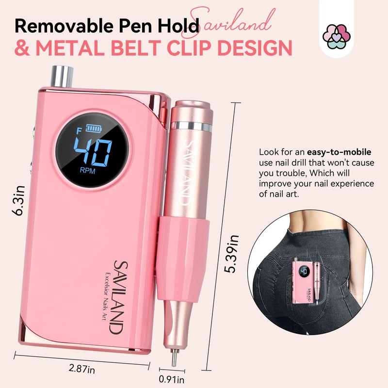 SAVILAND Electric Nail Drill Professional: 40000RPM Pink Rechargeable Electric Nail