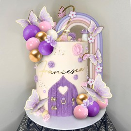 25 bolas de decoración para tartas con diseño de arco iris, decoración bohemia para tartas con bolas rosas moradas, flores artificiales y mariposas para baby shower, suministros de fiesta temática de cumpleaños (rosa morado)
