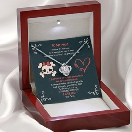 Skull Mom Thank You Pendant Necklace, Son To Mom Jewelry With Message Card, Mother's Day Appreciation Message Present for My Mom From Children Mahogany Style Luxury Box (w/LED) - Love Knot