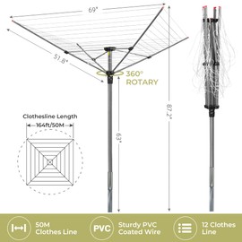 Easi Rotary Umbrella Clothesline Outdoor, Retractable Clothes Drying Rack, 4-Arm 12 Line Adjustable Laundry Line 164 Ft Hanging Space, Foldable Umbrella Drying Rack for Patio Backyard