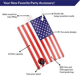 American Flag Flask for Liquor, Wine, Drinks: Beverage Dispenser Holds 2 Liters for Summer, July 4, Sports Tailgating, Birthday, Graduation, Cruises, Boating, BBQ Parties, by Party Flasks