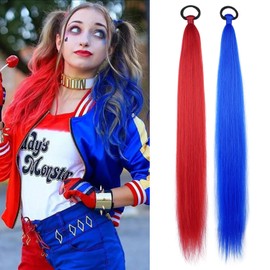 2 Pack Braid Ponytail Extension with Elastic Tie Straight Sleek Wrap Around Braid in Extensions Red Blue Contrast 26 Inch Hair Braid Extensions Ponytail for Girls(Red/Blue#)