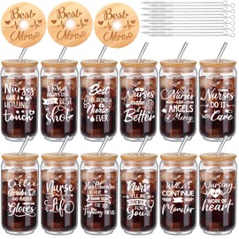 Tioncy 12 Set Nurses Week Appreciation Gifts Bulk for Women 16oz Glass Cups with Bamboo Lids and Straws Brushes Nurse Assistant Rn Gifts Coffee Cup for Work Graduation School Lab Week Supplies