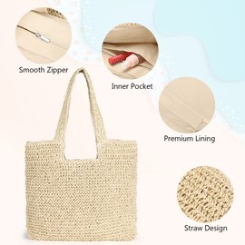 Sightor Straw Beach Bag, Women Tote Bag Woven Shoulder Bag, Handmade Large Summer Handbag Hobo Bag for Beach Picnic Vacation (Beige)
