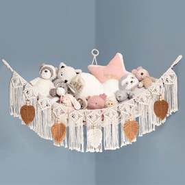 MIUSBIT Macrame Stuffed Animal Hammock Net for Stuffed Animals Corner Large Boho Teddy Bear Hammock with Boho Tassels, Plushie Storage for Kids Stuffy Hammock Nursery Bedroom Wall Decor(Brown)