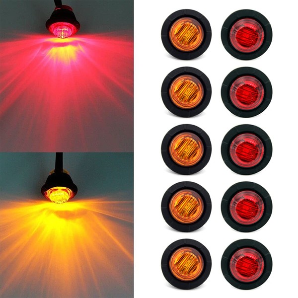 FXC 'Purishion 10x 3/4 in' Round LED Clearence Light Front Rear Side Marker Indicators Light for Truck Car Bus Trailer Van Caravan Boat, Taillight Brake Stop Lamp (12V, Red+Amber)