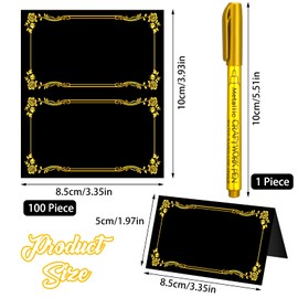 Chenkaiyang 100 Pcs Black Place Cards and Gold Pen for Weddings, Name Cards with Gold Foil Border for Table Setting Folded Table Tents Sign for Buffet Banquet Parties Events Celebrations