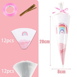 COLOFALLA Pack of 12 School Cones Small Siblings School Cone Girls Siblings Sugar Cones for Filling School Child Decorative Bags Gift Decoration for First Day of School (Pink)