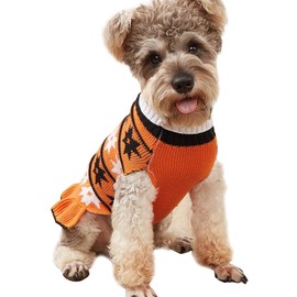 Jecikelon Pet Dog Sweaters for Small Dogs Dress with Snow Knitwear Turtleneck Pullover Dog Clothes Warm Winter Puppy Sweater Long Dresses (Orange, Small)