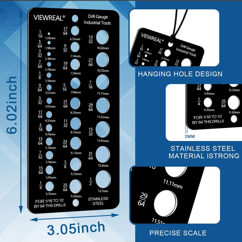 Stainless Steel Drill Gauge - 29-Holes Standard Metric Size, 1/16