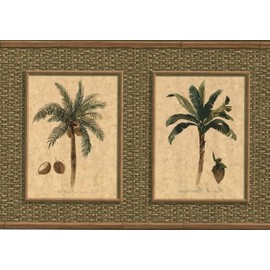 Concord Wallcoverings Wallpaper Border Nature Pattern Palms in Bamboo Frames for Living Room Cottage, Green Brown Pastel Yellow, 10.5 Inches by 15 Feet TK6246