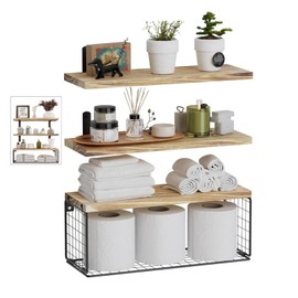 Towel Racks for Bathroom Wall Mounted,3PCS Floating Shelves with Storage Basket, Bathroom Organizers, Wall Mounted Rustic Wood Shelves for Bathroom, Bedroom, Living Room, Kitchen(Wood Color)