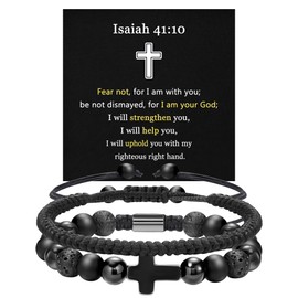 JSJOY Black Cross Bracelets for Men Christian Bracelet for Son Religious Jewelry Healing Stones Beaded Bracelet Isaiah 41:10 Bracelet Baptism Gifts for Him