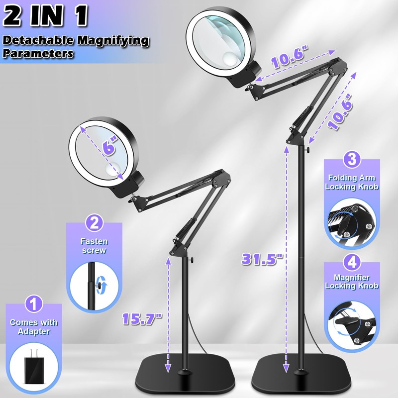 30X 10X Large Floor Magnifying Glass with Light and Stand,72