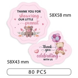 2.4 Inch Pink Bear Thank You for Celebrating with Us Sitcker,Baby Gril Thank You Bear Stickers,Girl Teddy Pink Bear Theme Favors Labels Decorations Supplies for Kids(80 PCS)