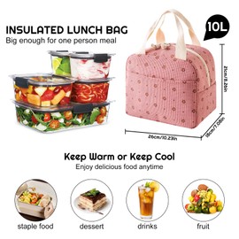 SUOXU Large Capacity Corduroy Insulated Lunch Bag for Adults Kids, Thermal Tote for Work School Picnic, Leak Proof Cooler Bag with Handle, Cute Floral Print Lunch Box (Pink - Flower)