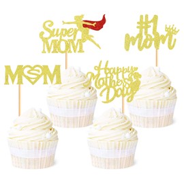 Ercadio Paquete de 36 decoraciones para cupcakes con purpurina dorada para el Día de la Madre, decoración de magdalenas con texto en inglés "Love Mom"