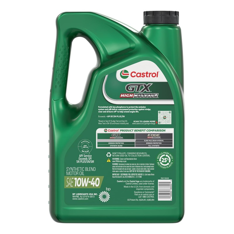 Castrol GTX High Mileage 10W-40 Synthetic Blend Motor Oil, 5