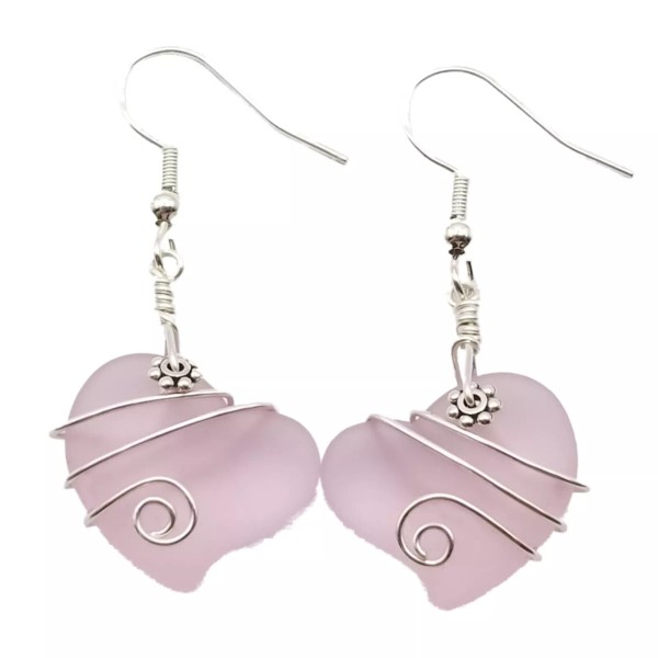 Hawaiian Jewelry Sea Glass Earrings, Wire Twin Heart Earrings Pink