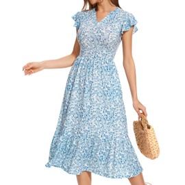 YIOYOLA Floral Beach Dress with Pockets Ruffle Sleeves Summer Boho Dresses for Teens 2025 Womens Sundresses Midi Length for Wedding Guest(YYL329-Blue White F 02,S)