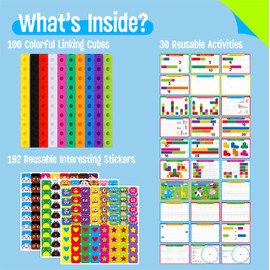 Math Linking Cubes, 100 Math Cube Manipulatives with 30 Learning Activities Plus 192 Reusable Stickers, Number Counting Blocks Snap Linking Math Counters, Fun & Educational Pre-K Counting Blocks