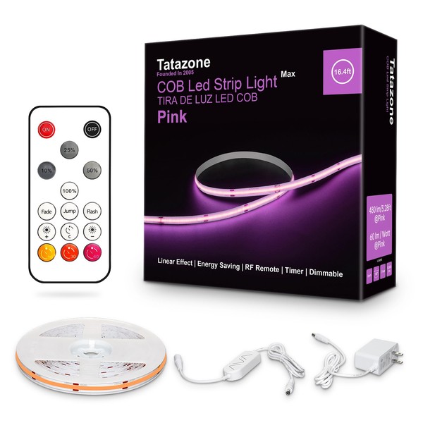 Tatazone 16.4ft Pink COB Led Strip Lights with RF Remote,