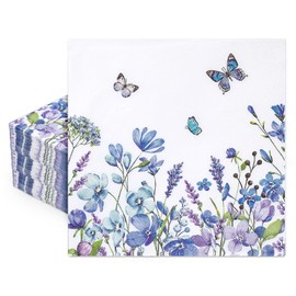 FYSUIMU 80 Pcs Blue Floral Paper Napkins Watercolor Wildflower Butterfly Disposable Napkins Flower Blossom Luncheon Dinner Napkins for Spring Summer Party Table Supplies