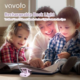 VAVOFO Rechargeable Book Light, Blue Light Blocking, Amber 1600K Clip On Reading Light, Eye Care 7 LEDs Kids Book Light for Reading in Bed with Power Indicator for Bookworms (Pink Purple)