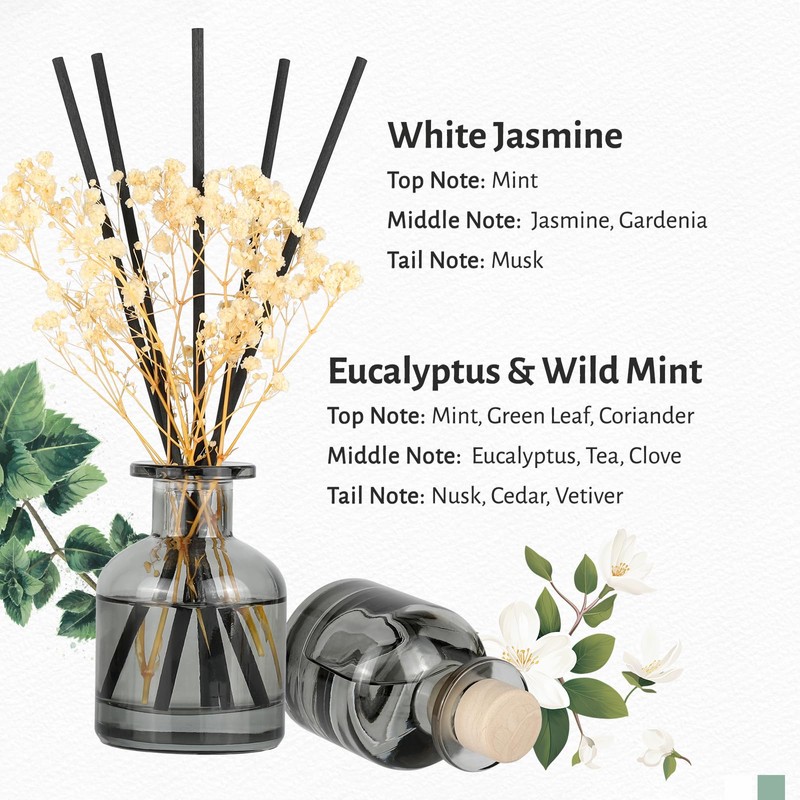 Brakula 2 Pack Reed Diffuser, White Jasmine + Eucalyptus &