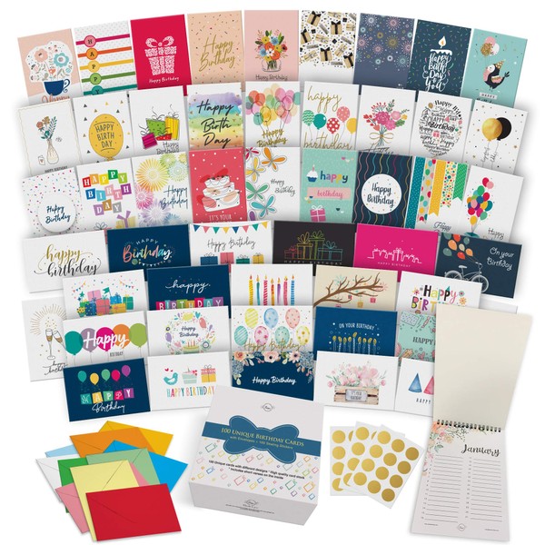 Dessie 100 Unique Birthday Cards Assortment with Greetings Inside for Businesses and Individuals.100 Assorted Color Envelopes, Gold Seals, Birthday Calendar in Sturdy Storage Box