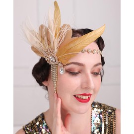 Rumtock Champagne Flapper Hair Piecewith Head Chain 1920s Hair Jewelry Gold Rhinestones Tassels Pendant Hair Piece Women Girls (Big with Ribbon)