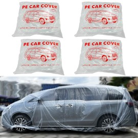 4 Packs Disposable Car Cover Clear Plastic Car Cover Universal Rain Dust Garage Cover with Elastic Band Large (15.7FT x 24.6FT)