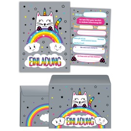 12 Children's Birthday Invitations for Girls Cat Unicorn Including Envelopes, Bags, Stickers / Colourful Birthday Invitations (12 Cards + 12 Envelopes + 12 Party Bags + 12 Stickers)