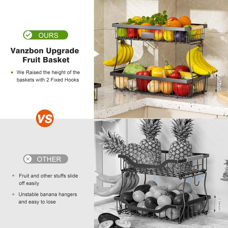 VANZBON 2 Tier Fruit Basket for Kitchen Counter,Wire Tiered Fruit