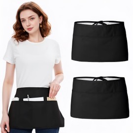 APRONPANDA 2PCS Waitress Apron, Black Waist Apron Short Half Server Aprons for Waitress Waiter Chef Women Men with 3 Pockets
