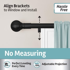 Zenna Home Smart Rods No Measuring Easy Install Adjustable Drapery Window Rod, 18 to 48 in., with Ball Finials, Black (EDR48BKBL)