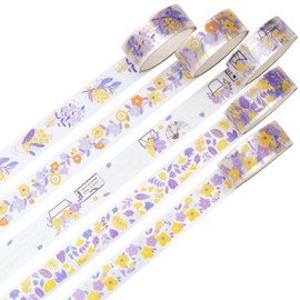 KAVI' S 5 Rolls Floral Washi Tape Set PET Decorative Flowers Patterns Transparent Masking Tapes for Arts, DIY Crafts, Journals, Planners, Scrapbook, Wrapping (Purple Blossoms)