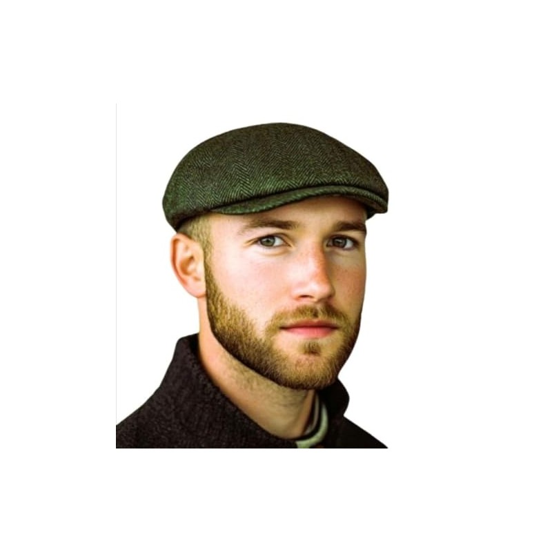 London Design Classic Herringbone Wool Flat Cap, Green, 58-59cm, Quilted