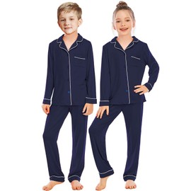 Veseacky Unisex Girls Boys Long Sleeve Sleepwear Button Down 2 Piece Pajama Set for 5-14 Years, navy
