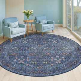 Washable Round Area Rug for Living Room, Soft Round Rugs 6ft Non Slip with Rubber Backing, Vintage Large Circle Carpet for Bedroom Kitchen Nursery, Dark Navy Blue Oriental Floral Décor